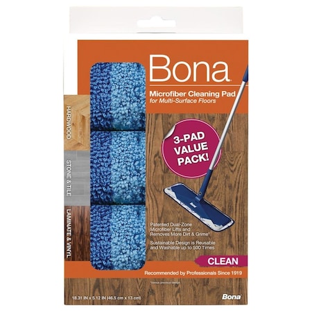 Bona 5.12 x 18.31 in. Cleaning Microfiber Mop Pad, Blue, 3PK BO8812